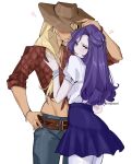  2girls applejack applejack_(equestria_girls) artist_name belt blue_eyes blush bracelet brown_belt brown_hat commentary cowboy_hat crop_top denim english_commentary hand_on_headwear hat heart highres jewelry lipstick_mark lipstick_mark_on_face lipstick_mark_on_neck mole mole_under_eye multiple_girls my_little_pony my_little_pony:_equestria_girls my_little_pony:_friendship_is_magic plaid_clothes plaid_shirt purple_hair purple_skirt rarity_(equestria_girls) rarity_(my_little_pony) red_shirt seijousai shirt skirt white_background white_shirt yuri 