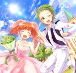  1boy 1girl :d ;d ^_^ ayuko_(ayuco) bare_shoulders blush bouquet bridal_veil building church closed_eyes commentary_request day dress facing_viewer falling_petals green_eyes green_hair hairband holding holding_bouquet holding_hands idolmaster idolmaster_(classic) idolmaster_side-m interlocked_fingers jacket looking_at_viewer mitarai_shouta one_eye_closed open_mouth orange_hair outdoors pants petals pink_dress pink_petals see-through_clothes see-through_veil shoes short_hair smile strapless strapless_dress takatsuki_yayoi twintails veil wedding_dress white_hairband white_jacket white_pants white_shoes 