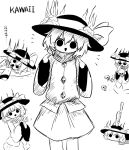  1girl bow buttons candle collared_shirt commentary_request diamond_button disembodied_linked_eye embellished_costume eyeball flower frilled_shirt_collar frilled_sleeves frills greyscale hair_ornament hat hat_bow heripantomorrow holding holding_flower holding_skull knife knifed komeiji_koishi long_sleeves monochrome multiple_views open_mouth pointing pointing_at_self shirt skirt skull smile touhou translation_request wide_sleeves 