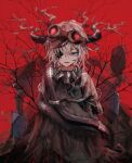  1girl absurdres antlers blue_eyes branch cable goggles goggles_on_head hidariri highres horns looking_at_viewer mask one_eye_covered open_mouth original red_background respirator road_sign short_hair sign smile solo tube white_hair 