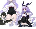 2girls absurdres arknights arknights:_endfield bare_shoulders belt black_hair black_hairband black_horns black_jacket black_shorts commentary covered_navel daresuki_05 endministrator_(arknights) english_commentary english_text female_endministrator_(arknights) hairband high-waist_belt high-waist_shorts highres holding horns jacket long_hair long_sleeves looking_at_viewer meme mole mole_on_thigh multiple_girls multiple_views pink_eyes purple_hair purple_horns red_belt shirt short_hair shorts simple_background sleeveless sleeveless_shirt speech_bubble that's_quite_big_(meme) thighs typhon_(arknights) very_long_hair wavy_hair white_background white_shirt 