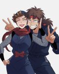  1boy 1girl akino_(mooongrr) brown_hair closed_eyes commentary_request double_v facing_viewer grin hand_on_another's_cheek hand_on_another's_face hand_on_own_hip headband hetero highres japanese_clothes lipstick makeup medium_hair ninja ooki_masanosuke pants rakudai_ninja_rantarou red_lips red_scarf scarf smile standing v white_background yamamoto_shina 