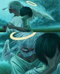 2boys angel angel_wings bandage_on_face bandage_over_one_eye bandages black_hair bleeding blood blood_on_bandages blood_on_face cloud cloudy_sky commentary_request grass halo highres hug kojima_midoriko multiple_boys original parted_lips shirt short_hair sky white_hair white_shirt wings yellow_halo 