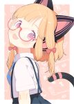  1girl animal_ear_headphones animal_ears bespectacled black_skirt blonde_hair blue_archive blunt_bangs blush border bow cat_ear_headphones cat_ears cat_tail commentary_request fake_animal_ears glasses hair_bow headphones highres looking_at_viewer mechanical_tail momoi_(blue_archive) open_mouth outside_border pink_background pink_eyes pleated_skirt red-framed_eyewear red_bow saga_inu semi-rimless_eyewear shirt short_hair short_sleeves skirt solo suspender_skirt suspenders tail under-rim_eyewear upper_body white_border white_shirt 
