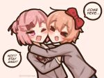  >_< blush bow brown_hair cheek-to-cheek closed_eyes commentary doki_doki_literature_club doki_doki_literature_club_school_uniform english_commentary english_text hair_bow hair_ornament hair_ribbon hairclip heads_together highres hug multiple_girls natsuki_(doki_doki_literature_club) one_eye_closed open_mouth pink_eyes pink_hair red_bow red_ribbon ribbon sayori_(doki_doki_literature_club) school_uniform shimejimee short_hair simple_background smile speech_bubble twitter_username 