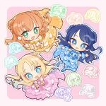 6+girls 6th_live_dream_~bloom_garden_party~ anyoji_hime aqua_eyes bare_shoulders blonde_hair blue_dress blue_eyes blue_hair border ceras_yanagida_lilienfeld chibi chibi_inset commentary_request dotted_line dress flower-shaped_hair flower_stand_art fujishima_megumi gradient_hair grid_background hasu_no_sanrenka highres hinoshita_kaho ima_kako_mirai_no_sangenshoku kachimachi_kosuzu katsuragi_izumi long_hair love_live! love_live!_hasu_no_sora_jogakuin_school_idol_club momose_ginko multicolored_hair multiple_girls murano_sayaka ogami_sachi orange_hair osawa_rurino otomune_kozue outside_border pink_background pink_dress riko_(1017rikopinpon) sleeveless sleeveless_dress virtual_youtuber yellow_dress yugiri_tsuzuri 