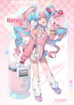  1girl :d absurdres blue_eyes blue_hair blue_skirt blush choker double-parted_bangs fairy_miku_(project_voltage) fang full_body hand_up hatsune_miku highres holding holding_poke_ball jigglypuff kneehighs long_hair long_sleeves looking_at_viewer miniskirt multicolored_hair neckerchief open_mouth pink_choker pink_hair pink_shoes pink_sweater plaid_clothes plaid_skirt pleated_skirt poke_ball poke_ball_(basic) pokemon pokemon_(creature) project_voltage school_uniform shoes si_ji_huagaole_ma skin_fang skirt sleeves_past_wrists smile socks standing sweater twintails two-tone_hair vocaloid white_neckerchief white_socks 