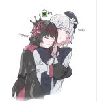  2girls beret black_capelet black_choker black_coat black_hair black_hat black_shirt black_skirt capelet choker closed_eyes closed_mouth coat collared_coat collared_shirt commentary_request crown flower gloves gradient_hair hair_flower hair_ornament hat hat_flower hat_ribbon highres hug korean_commentary korean_text layered_skirt long_hair long_sleeves loopeacc mahou_shoujo_no_majo_saiban mini_crown multicolored_hair multiple_girls neck_ribbon necktie nikaido_hiro pink_eyes pink_hair pleated_skirt red_flower red_necktie red_skirt ribbon sakuraba_ema shirt short_hair side_capelet simple_background skirt sleeveless sleeveless_coat translated upper_body white_background white_flower white_gloves white_hair white_ribbon white_shirt white_sleeves x_hair_ornament yuri 