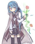  1girl amakaze_sora black_skirt black_thighhighs blue_hair blush bow brown_bow brown_jacket cloak flower grey_cloak hood hood_down hooded_cloak jacket long_hair long_sleeves original parted_lips pleated_skirt puffy_long_sleeves puffy_sleeves purple_eyes red_flower red_rose rose shirt skirt sleeves_past_wrists solo thighhighs very_long_hair white_background white_shirt 