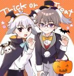  2boys alice's_adventures_in_wonderland animal_ears aqua_bow aqua_bowtie asako_(puiu9k) bat_(animal) bat_wings black_cape black_hat black_jacket black_pants bow bowtie brown_hair buttons candy cape claw_pose coattails collared_cape collared_coat commentary_request contrast_lapels cosplay cowboy_shot dress_shirt english_text fake_animal_ears fake_wings floppy_ears food formal_clothes glasses grey_pants hair_ears hairband halloween halloween_bucket hand_on_own_thigh happy hat head_wings high_collar highres jacket lapels leaning_forward lollipop long_sleeves male_focus multiple_boys orange_background pants peaked_lapels polka_dot polka_dot_background pom_pom_(clothes) precure puffy_long_sleeves puffy_sleeves purple_eyes rabbit_ears red-framed_eyewear red_eyes red_vest shirt short_hair single_claw_pose sleeve_cuffs star_(symbol) suit suit_pants suspenders swirl_lollipop tailcoat top_hat toyama_daifuku toyama_daifuku_(civilian) toyama_daifuku_(rabbit) toyama_satoru traditional_bowtie trick_or_treat two-sided_cape two-sided_fabric two-tone_background vampire_costume vest white_background white_rabbit_(alice_in_wonderland) white_rabbit_(alice_in_wonderland)_(cosplay) white_shirt wings wonderful_precure! yellow_bow yellow_bowtie yellow_cape yellow_hairband 