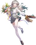  1girl bag black_hairband bouquet bow breasts brown_shoes colored_tips commentary english_commentary falling_petals firefly_(honkai:_star_rail) firefly_(spring_missive)_(honkai:_star_rail) game_asset gradient_hair green_bow green_hair grey_hair grey_sailor_collar grey_skirt hair_intakes hairband holding holding_bag holding_bouquet honkai:_star_rail honkai_(series) loafers long_hair long_sleeves medium_breasts miniskirt multicolored_hair official_alternate_costume official_art open_mouth paper_bag penny_loafers petals sailor_collar sam_(honkai:_star_rail) school_uniform serafuku shirt shoes skirt smile solo teeth thighhighs third-party_source transparent_background upper_teeth_only white_shirt white_thighhighs zettai_ryouiki 