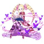  1girl beatrice_(re:zero) blonde_hair blue_eyes blush book bug butterfly capelet crown dress drill_hair floating floating_book floating_object frilled_dress frills full_body fur-trimmed_capelet fur_trim game_asset gradient_hair grand_summoners hair_ribbon long_hair long_sleeves looking_at_viewer mini_crown multicolored_hair official_art open_book open_mouth pantyhose pink_ribbon purple_butterfly re:zero_kara_hajimeru_isekai_seikatsu red_capelet red_dress ribbon shoes sidelocks simple_background sitting solo striped_clothes striped_pantyhose symbol-shaped_pupils twin_drills twintails white_background 