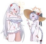  2girls absurdres blue_archive blush boom_cat1106 brown_hat clothing_cutout commentary_request cosplay costume_switch eri_(blue_archive) eri_(blue_archive)_(cosplay) eri_(c108_swimsuit)_(blue_archive) eye_hair_ornament eyeball_hair_ornament frilled_one-piece_swimsuit frills grey_hair halo hat highres kanoe_(blue_archive) kanoe_(blue_archive)_(cosplay) kanoe_(c108_swimsuit)_(blue_archive) long_hair multiple_girls navel_cutout off-shoulder_one-piece_swimsuit off_shoulder official_alternate_costume one-piece_swimsuit open_mouth orange_halo simple_background slingshot_swimsuit smile sun_hat swimsuit very_long_hair white_background white_one-piece_swimsuit white_slingshot_swimsuit yellow_hat 