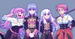  4girls :d ;d arm_behind_back blue_hair braid breasts closed_mouth clothes_around_waist crown_braid eggtempest fire_emblem fire_emblem:_three_houses garreg_mach_monastery_uniform grey_background grey_eyes grin hair_between_eyes hand_on_another's_shoulder hand_on_own_arm hand_on_own_hip highres hilda_valentine_goneril holding holding_polearm holding_weapon jacket jacket_around_waist large_breasts leonie_pinelli long_hair long_sleeves looking_at_viewer lysithea_von_ordelia marianne_von_edmund medium_breasts multiple_girls one_eye_closed open_mouth orange_eyes orange_jacket own_hands_together pink_eyes pink_hair polearm purple_eyes sidelocks simple_background smile teeth twintails v weapon white_hair 