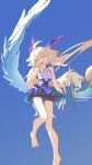  1girl :d ahoge aqua_nails artist_name barefoot bienbien010 bird_tail blonde_hair commentary dress enna_alouette enna_alouette_(1st_costume) floating_hair flying head_wings highres low_twintails low_wings midair nail_polish nijisanji nijisanji_en purple_eyes sleeveless sleeveless_dress smile solo tail toenail_polish toenails toes twintails virtual_youtuber wings 