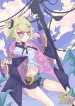  1girl absurdres belt black_shorts blonde_hair blue_eyes caratquex cloud commentary denim denim_shorts double_bun ear_piercing green_hair hair_bun hair_ornament highres jacket jewelry kurumi_noah ligne_claire long_sleeves looking_at_viewer midriff multicolored_eyes navel piercing power_lines shirt short_hair short_shorts shorts sky solo virtual_youtuber vspo! white_shirt 