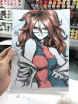  1girl android_21 art_tools_in_frame artist's_hand_in_frame black-framed_eyewear blue_dress breasts brown_hair closed_mouth commentary dragon_ball dragon_ball_fighterz dress earrings english_commentary glasses hair_between_eyes hand_on_own_hip highres jacket jacket_partially_removed jewelry long_hair looking_at_viewer marker_(medium) photo_(medium) red_dress signature smile solo stanley_lau traditional_media two-tone_dress upper_body white_jacket 
