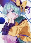  1girl absurdres aocha06s2 black_hat blush bow chromatic_aberration closed_mouth collared_shirt commentary_request disembodied_linked_eye eyeball frilled_shirt_collar frilled_skirt frilled_sleeves frills green_eyes green_hair green_skirt hat hat_bow head_rest heart heart_of_string highres komeiji_koishi long_sleeves looking_at_viewer medium_hair shirt signature skirt smile solo squatting touhou wide_sleeves yellow_bow yellow_shirt 