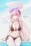  1girl absurdres bare_arms bare_shoulders bikini black_bikini blue_archive blush breasts closed_mouth commentary eimi_(blue_archive) eimi_(swimsuit)_(blue_archive) goggles goggles_on_head halo highres large_breasts long_hair navel official_alternate_costume official_alternate_hairstyle outdoors pink_eyes pink_hair pink_halo sitting snow solo stomach swimsuit topgu very_long_hair wet 