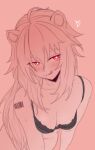  1girl :q ahoge arknights barcode barcode_tattoo blush bottomless bra breasts cleavage commentary convenient_arm cowboy_shot dokonjou_(odossan) gravel_(arknights) groin hair_between_eyes heart highres leaning_forward licking_lips long_hair looking_at_viewer medium_breasts monochrome red_eyes shoulder_tattoo solo spot_color tattoo tongue tongue_out underwear very_long_hair 