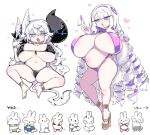  2girls animal_ears asymmetrical_horns bikini black_bikini black_horns blue_eyes breasts broken_horn commentary_request cow_ears cow_girl cow_horns cow_tail crystal crystal_horns horns huge_breasts huge_horns mato_tsuyoi mismatched_horns multiple_girls opal_(gemstone) oppai_loli original outie_navel rabbit shortstack simple_background skyr_vanhouten_(mato_tsuyoi) slingshot_swimsuit spread_legs swimsuit tail white_background white_hair yamada_vanhouten_(mato_tsuyoi) 