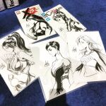  4girls bare_shoulders batman_(series) breasts cape catsuit catwoman choker claw_(weapon) claws cleavage commentary cover_sketch crop_top dc_comics earrings english_commentary folding_fan from_side goggles goggles_on_head hand_fan high_ponytail highres holding holding_fan jewelry large_breasts long_hair marker_(medium) marvel medium_breasts monochrome multiple_girls ninja photo_(medium) ponytail shiranui_mai short_hair signature sketch sports_bra stanley_lau supergirl superman_(series) the_king_of_fighters traditional_media upper_body weapon x-23 x-men 