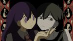  1boy 1girl antenna_hair black_eyes black_hair black_tank_top bright_pupils brother_and_sister closed_mouth collarbone collared_shirt commentary_request double-parted_bangs hair_behind_ear hair_between_eyes highres long_hair looking_at_another male_focus mari_(headspace)_(omori) mari_(omori) neckerchief o3ol_o7zo omori omori_(omori) purple_eyes purple_hair purple_sweater_vest red_neckerchief shirt short_hair siblings smile sweater_vest tank_top white_pupils white_shirt 