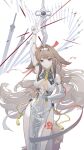  1girl absurdres arm_up ass bare_shoulders black_hair blush breasts brown_hair china_dress chinese_clothes chinese_commentary cleavage closed_mouth commentary_request detached_sleeves dress hair_between_eyes hair_intakes hair_ornament hairband highres large_breasts long_hair looking_at_viewer multicolored_hair red_eyes simple_background sleeveless sleeveless_dress smile solo streaked_hair tail thighs very_long_hair white_background white_dress white_hairband woxinwuming ye_shunguang zenless_zone_zero 