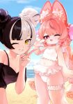 2girls :3 ahoge animal_ear_fluff animal_ears artist_name bare_shoulders beach bikini black_hair black_shirt blue_sky blush body_fur braid breasts cloud commentary_request day dialyn_(zenless_zone_zero) double_bun frilled_bikini frilled_thigh_strap frills furry furry_female grey_hair grin hair_bun hair_ornament hairclip hand_up highres leaning_forward long_hair looking_at_viewer multicolored_hair multicolored_nails multiple_girls nail_polish navel ocean off_shoulder one_eye_closed open_mouth outdoors pink_hair rabbit_ears rabbit_girl rabbit_tail red_eyes red_nails shirt sidelocks signature sky small_breasts smile split-color_hair standing streaked_hair swimsuit tail thigh_strap thighs twin_braids twintails two-tone_hair uixy v very_long_hair w water white_bikini white_hair yellow_eyes zenless_zone_zero zhao_(zenless_zone_zero) 