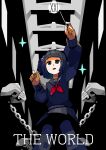  1girl amemori_sayo amemori_sayo_(1st_costume) arm_up black_background black_eyes black_hair black_pantyhose black_sailor_collar black_serafuku black_skirt black_sweater blending card_(medium) chain commentary_request conductor_baton cuffs english_text feet_out_of_frame hand_up highres holding_baton long_sleeves looking_up medium_hair miniskirt multicolored_hair_bobbles neckerchief nijisanji nogugera one_side_up open_mouth out_of_frame pantyhose people prison prisoner puffy_long_sleeves puffy_sleeves red_neckerchief roman_numeral sailor_collar school_uniform serafuku shackles simple_background skirt smile solo_focus sparkle sweater tarot tarot_(medium) virtual_youtuber 