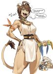  1girl 3boys ahoge animal_ears braid breasts brown_eyes brown_hair cleavage commentary english_commentary english_text fangs furrification furry furry_female furry_male hair_between_eyes highres juliana_(pokemon) knifedragon medium_breasts multiple_boys pokemon pokemon_scarlet_and_violet simple_background single_braid speech_bubble tail teeth white_background 