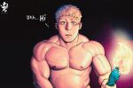  1boy bara belly blake_alexander blonde_hair blush commentary cropped dark dungeon_meshi english_commentary english_text highres holding holding_torch laios_touden large_pectorals male_focus muscular muscular_male nude out-of-frame_censoring paid_reward_available pectorals short_hair sideburns solo torch upper_body 
