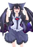 1girl alternate_color bird_wings black_bow black_hair black_wings bow chest_eye commentary_request feathered_wings frilled_skirt frills grey_skirt hair_bow hair_flaps highres long_hair looking_at_viewer open_mouth pointy_ears red_eyes reiuji_utsuho shirt simple_background skirt smile solo starry_sky_print tenamaru third_eye touhou very_long_hair white_background white_shirt wings 