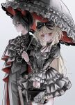  1boy 1girl absurdres animal_charm animal_ears bag black_bag black_bow black_dress black_hair black_pants black_umbrella blonde_hair bow charm_(object) choker cowboy_shot dress frilled_choker frilled_dress frilled_sleeves frilled_umbrella frills goth_fashion gothic_lolita grey_background hair_between_eyes hair_bow highres holding holding_bag holding_umbrella lolita_fashion long_hair long_sleeves looking_at_viewer looking_to_the_side lulu_(oysi_mysi) original oysi_mysi pants parasol puffy_long_sleeves puffy_sleeves red_eyes red_umbrella short_twintails slit_pupils stuffed_animal stuffed_toy twintails two-tone_umbrella umbrella water 
