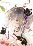  1girl absurdres bare_shoulders black_dress black_gloves cake cheyanne_(girls'_frontline_2) cheyanne_(maiden_debut)_(girls'_frontline_2) commentary dress english_commentary flower food girls'_frontline girls'_frontline_2:_exilium gloves grey_hair hair_flower hair_ornament highres light_blush long_hair m200_(girls'_frontline) official_alternate_costume official_art open_mouth purple_eyes 