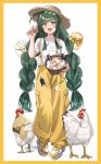 1girl :d absurdres basket bird blunt_bangs blush border braid brown_hat chicken chicken_print commentary_request egg full_body haru_yu hat highres holding holding_basket holding_egg long_hair looking_at_viewer open_mouth pants print_shirt rooster shirt shoes short_sleeves simple_background smile solo standing suspenders touhoku_zunko twin_braids very_long_hair voiceroid white_background white_shirt white_shoes yellow_border yellow_eyes yellow_pants 