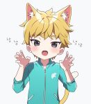  1boy animal_ear_fluff animal_ears black_eyes blonde_hair blue_jacket cat_boy cat_ears cat_tail cha_noeul child claw_pose commentary_request extra_ears fang hands_up jacket kemonomimi_mode korean_commentary looking_at_viewer male_focus nownnownn open_mouth short_hair solo tail tobot 