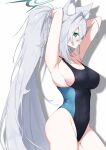  1girl absurdres adjusting_hair animal_ear_fluff animal_ears armpits arms_behind_head arms_up blue_archive breasts commentary_request competition_swimsuit cosplay from_side grey_hair grey_halo hair_lift hair_tie_in_mouth halo hand_in_own_hair hands_in_own_hair highleg highleg_one-piece_swimsuit highres holding_own_hair large_breasts long_hair looking_at_viewer mouth_hold multicolored_swimsuit one-piece_swimsuit ponytail setsunoato shiroko_(blue_archive) shiroko_(blue_archive)_(cosplay) shiroko_(swimsuit)_(blue_archive) shiroko_terror_(blue_archive) sideways_glance solo swimsuit two-tone_swimsuit tying_hair very_long_hair white_background wolf_ears wolf_girl 