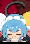 1boy 1girl absurdres bar_censor blue_hair borrowed_character brown_eyes cat_tail censored commission dorothree_(vtuber) double_bun fellatio hair_bun heart heart-shaped_pupils highres indie_virtual_youtuber large_penis maid maid_headdress mizumizuni oral penis pov round_eyewear short_hair skeb_commission symbol-shaped_pupils tail v-shaped_eyebrows 