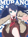  1girl :/ blue_eyes blue_hair brown_cardigan brown_dress cardigan character_name closed_mouth commentary countdown dress feet_out_of_frame floating_hair hair_intakes hajimari_no_haneoto hasu_no_sora_school_uniform highres long_hair long_sleeves love_live! love_live!_hasu_no_sora_jogakuin_school_idol_club mifukuzawa mole mole_on_neck murano_sayaka neckerchief open_cardigan open_clothes red_neckerchief sailor_collar sailor_dress school_uniform solo v-shaped_eyebrows virtual_youtuber white_sailor_collar winter_uniform 