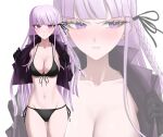  1girl bikini black_bikini black_gloves black_jacket black_ribbon blunt_bangs blush braid breasts cleavage collarbone commentary_request cowboy_shot danganronpa:_trigger_happy_havoc danganronpa_(series) embarrassed gloves groin hair_ribbon highres jacket kirigiri_kyoko koha_2652 long_hair navel open_clothes open_jacket pink_hair ribbon side_braid simple_background solo stomach swimsuit white_background 