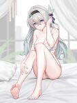  1girl absurdres aqua_eyes barefoot bed black_bow black_hairband blurry blurry_background blush bow bra breasts closed_mouth collarbone colored_tips commentary_request feet firefly_(honkai:_star_rail) full_body green_nails green_pupils hair_between_eyes hair_bow hairband hand_in_own_hair hand_on_own_leg highres honkai:_star_rail honkai_(series) indoors knees_up large_breasts large_variant_set long_hair looking_at_viewer multicolored_hair nail_polish on_bed panties pillow sitting smile soles solo strap_slip thighs toenail_polish toenails toes underwear underwear_only variant_set white_bra white_panties yunkaiming 