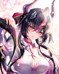  1girl ahoge aminww_amingming blurry blurry_background blush body_markings bow breasts choker cleavage collarbone collared_shirt commentary depth_of_field dragon_girl dragon_horns dragon_tail frilled_sleeves frills hair_between_eyes hair_bow hair_intakes hair_ornament hairclip hand_on_own_tail head_tilt highres horns large_breasts light_particles long_hair long_sleeves looking_at_viewer looking_to_the_side multicolored_hair neverness_to_everness open_mouth partially_unbuttoned purple_nails red_eyes shadow shinku_(nte) shirt shy solo sparkle standing streaked_hair sunlight tail tree_shade two-tone_hair upper_body wide_sleeves 