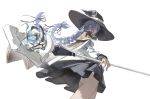  1542_700 1girl absurdres ass black_skirt blue_eyes blue_hair braid brown_cape cape closed_mouth commentary from_behind from_below from_side hat highres holding holding_staff large_hat long_hair mage_staff mushoku_tensei panties pleated_skirt profile roxy_migurdia shirt simple_background skirt solo staff twin_braids underwear upskirt white_background white_panties white_shirt witch_hat 