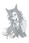  1girl ac3h1gh animal_ear_piercing animal_ears arms_behind_back belt blush bright_pupils choker commentary_request cropped_jacket cropped_torso dot_nose eyes_visible_through_hair green_eyes hair_between_eyes highres horse_ears horse_girl jacket jewelry korean_commentary leaning_forward long_hair looking_at_viewer midriff_peek necklace o-ring o-ring_belt pants shirt simple_background smile solo speed_symboli_(umamusume) spot_color umamusume upper_body white_background white_pupils 