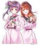  2girls 6th_live_dream_~bloom_garden_party~ :d animification beret black_hat blush brown_eyes brown_hair closed_mouth collared_dress commentary_request contrast_collar cowboy_shot dream_believers dress flower flower_stand_art gerbera green_eyes green_ribbon hair_bun hair_flower hair_ornament hanamiya_nina hands_up hat highres holding holding_flower long_hair long_sleeves looking_at_viewer love_live! love_live!_hasu_no_sora_jogakuin_school_idol_club meiji_(mosamoo3) mole mole_under_eye multiple_girls neck_ribbon open_mouth orange_flower otomune_kozue pink_dress pink_flower purple_hair ranunculus real_life red_flower ribbon rounded_collar side_ponytail simple_background single_side_bun smile tassel tassel_hair_ornament teeth twitter_username upper_teeth_only virtual_youtuber voice_actor voice_actor_connection white_background 