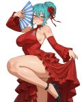  1girl absurdres ass black_shoes breasts closed_mouth commentary_request detached_sleeves dress earrings english_commentary flower folding_fan frilled_sleeves frills gold_earrings hair_bun hair_flower hair_ornament halter_dress halterneck hand_fan hatsune_miku high_heels highres holding holding_fan holding_own_dress hoop_earrings jewelry large_breasts red_dress red_flower reus_(cetta) shoes short_hair simple_background single_hair_bun sleeveless sleeveless_dress smile solo spanish_commentary standing standing_on_one_leg vocaloid white_background 