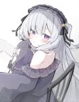  1girl bare_shoulders black_ribbon blue_dress bow chain commentary_request dress dress_bow frilled_dress frilled_hairband frilled_sleeves frills gothic_lolita hair_over_one_eye hair_ribbon hairband highres holding holding_pen lolita_fashion lolita_hairband long_hair long_sleeves looking_at_another looking_at_viewer looking_back mahou_shoujo_no_majo_saiban mozzs natsume_an-an off-shoulder_dress off_shoulder pen portrait purple_eyes ribbon simple_background sitting sketchbook sleeve_bow sleeves_past_fingers sleeves_past_wrists solo white_background white_hair wide_sleeves 