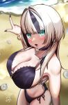  1girl absurdres bare_shoulders beach bikini black_choker black_hair blonde_hair blurry blurry_background blush bracelet breasts choker cleavage collarbone commentary_request crab day earrings fang fingernails green_eyes heart heart_earrings highres huge_breasts jewelry kurumi_noah kurumi_noah_(7th_costume) long_hair looking_at_viewer multicolored_hair nagisuke_shiona nail_polish o-ring o-ring_bikini ocean open_mouth pointing sand shell side-tie_bikini_bottom signature skin_fang solo strap_gap streaked_hair swimsuit thighs two-tone_hair venus_symbol virtual_youtuber vspo! 