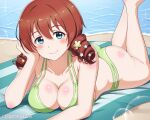  1girl bikini blue_eyes blush breasts brown_hair cleavage closed_mouth collarbone commentary_request daydreamer_pk emma_verde feet_out_of_frame flower green_bikini hair_between_eyes hair_flower hair_ornament highres long_hair looking_at_viewer love_live! love_live!_nijigasaki_high_school_idol_club lying on_stomach smile solo swimsuit 